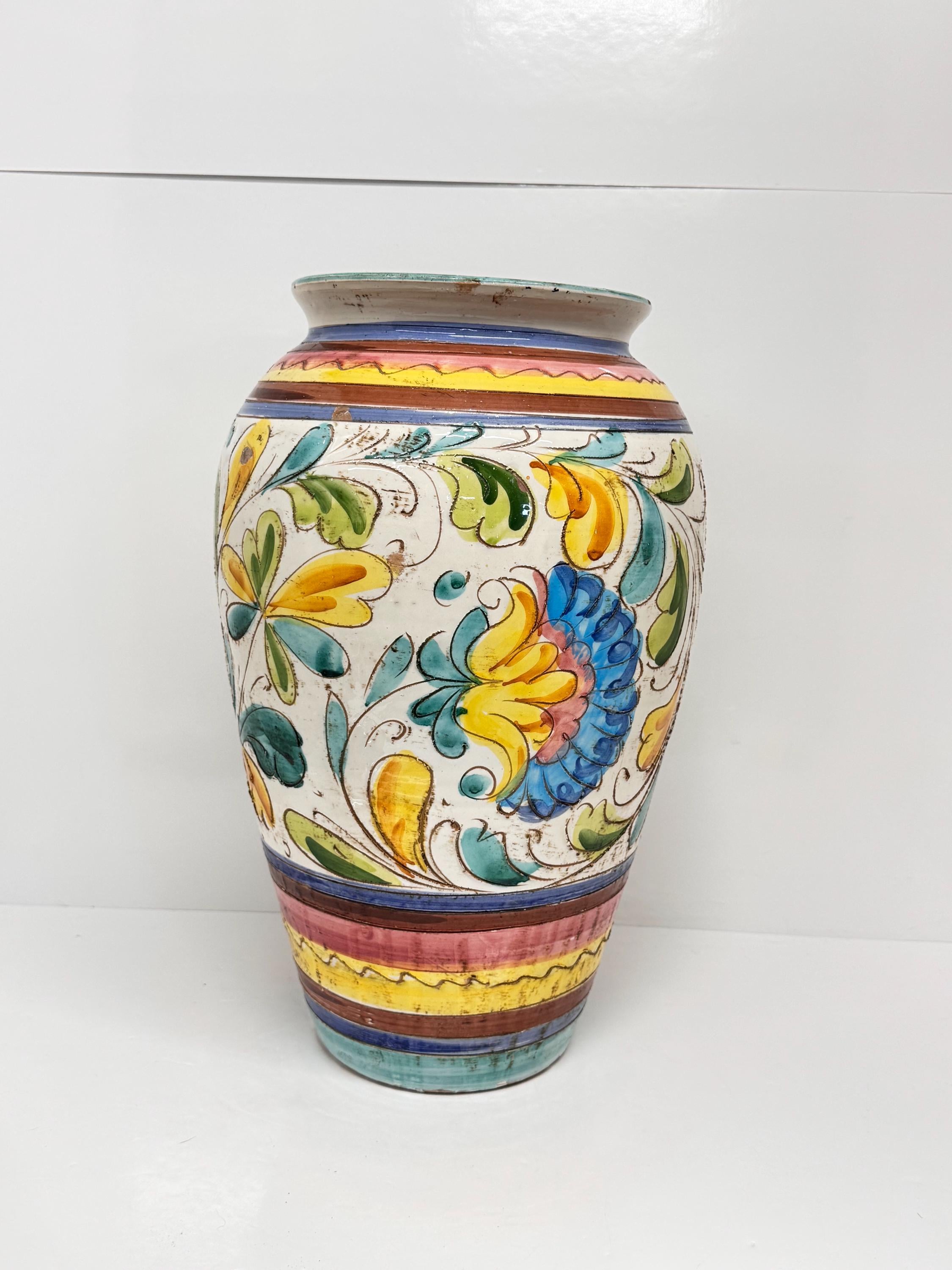 Vintage Italian Majolica Floor Vase: Hand-painted Floral