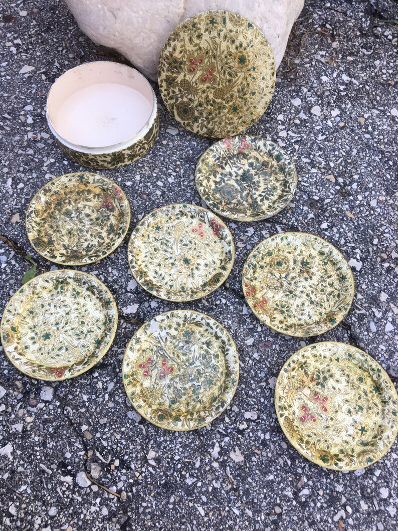 Round Drink Coaster Foil occupied Japan Retro Highmount Alcohol Proof Chintz Vintage Barware Fibreglass Original Box 7 Coasters