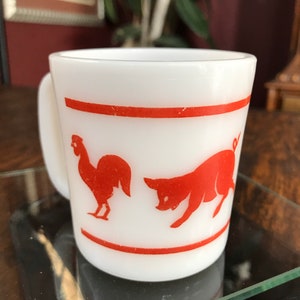 Vintage Hazel Atlas Milk Glass Mug: Red Farm Animal Design