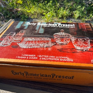 Sugar Creamer, Butter Dish, Salt Pepper Shaker Refrigerator, Dish, Vintage, Early American Prescut Glass, Anchor Hocking, BNIB