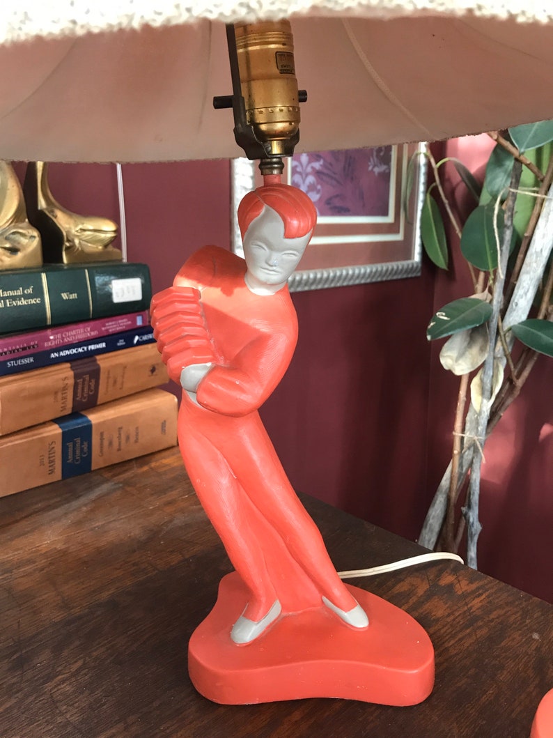 2 Chalkware Lamp Figurine Dancer Coral Pink and Grey Original Etsy