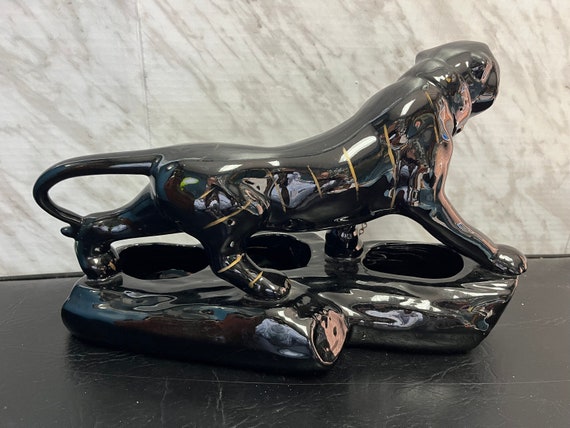 Vintage Art Deco Black Panther Planter: Green Eye Ceramic Cat With