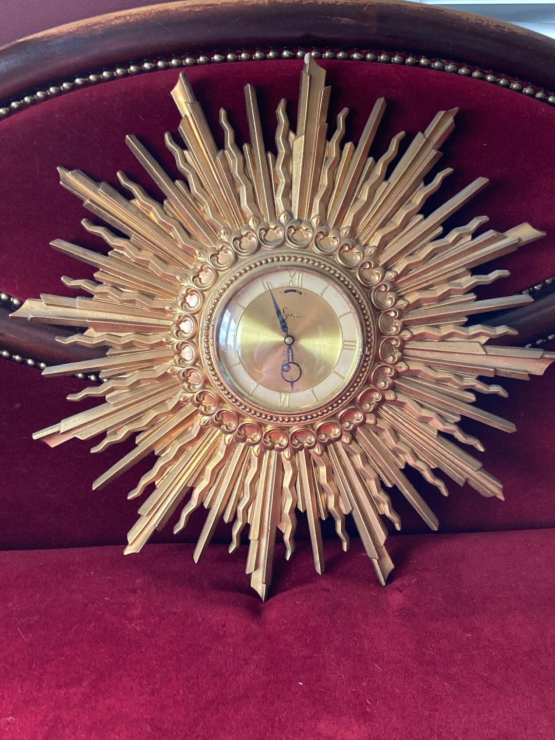 Clock Starburst Syroco Wood Sunburst Wall Clock MCM Vintage Etsy