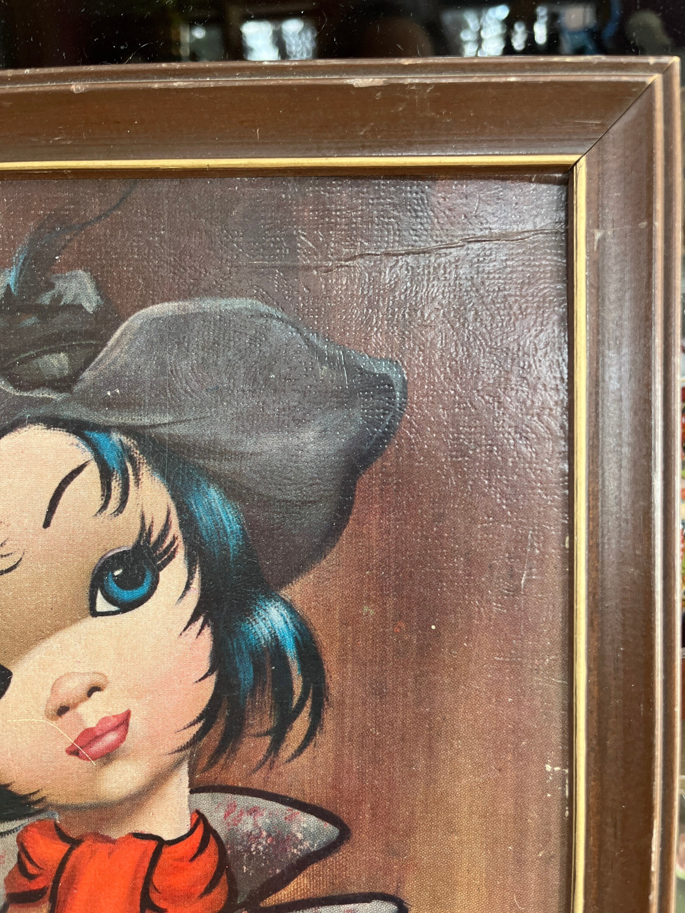 Vintage 1960s Big Eye Girl Framed Art: Eden Moppet Series MCM 