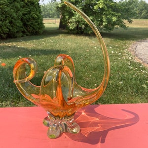 Chalet, Lorraine, Art Glass, Table Centrepiece, Vintage, Hand Blown,  Canadian Art Glass,  MCM, Stretched, Pulled, Golden Amber, Signed