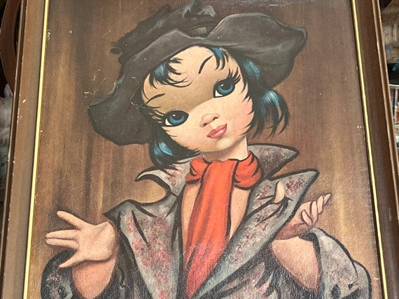 Vintage 1960s Big Eye Girl Framed Art: Eden Moppet Series MCM