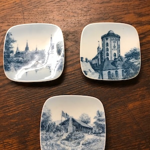 3 Bing & Grondahl, Kjobenhaun, Denmark, Blue and White Scenes Butter Pats Vintage Scandinavian Blue Flow Transferware Country Kitchen.