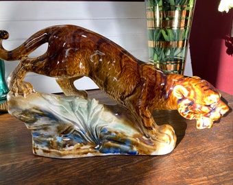 Extra Large Tiger , Fierce, Pottery, Chinese, Collectible, Ceramic Glaze, MCM, Vintage, Rare, Large, Cat