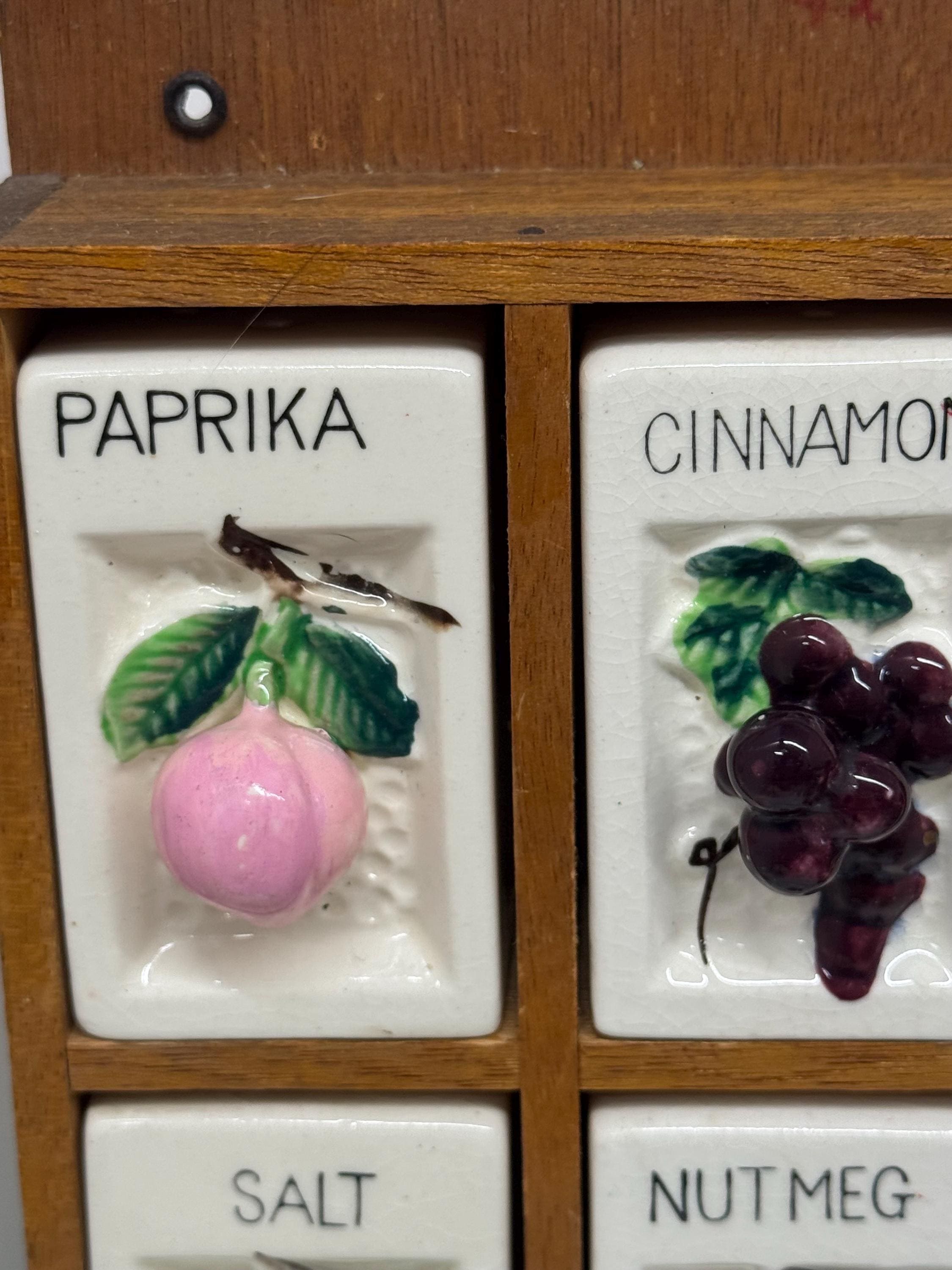 Vintage Fruit Motif Spice Set With Rack, 6 Shaker Kitchen Decor