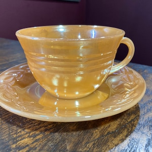 Tea Cup & Saucer, Teacup, Peach Lustre, Fire King, Fireking, Oven ware, Vintage, Laurel Saucer, 3 bands tea cup