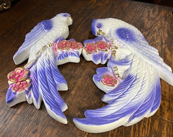 Chalkware, Tropical, Bird, 60s,  MCM, Retro, Vintage, Mod, Wall Art, Hanging, Favor Ware, Paradise,  Set of 2, Flowers Chalk ware