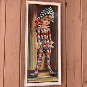 Vintage Harlequin Big Eye Girl Framed Art: 1960s MCM Decor