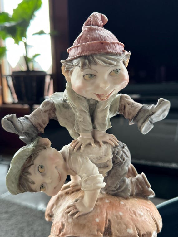 Giuseppe Armani Sculpture: Boys Leapfrog on Mushroom, Vintage
