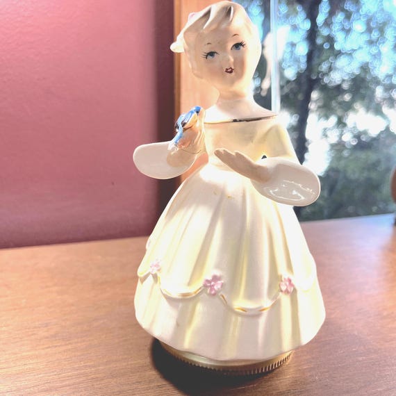 Ponytail Girl With Bluebird Music Box, Hand Painted, Japan