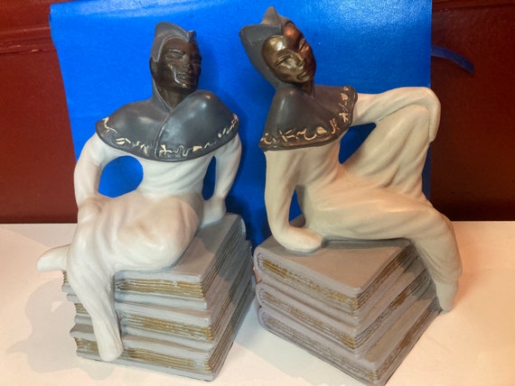 Chalkware, Harlequin, Bookends, Vintage,  Chalk-ware, Sitting, MCM, Books, Hand Painted, Couple, Mid Century