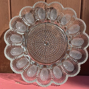 Indiana Glass Deviled Egg Serving Platter, Clear Serving Tray, Scalloped Carnival Glass Dish, Vintage Centrepiece