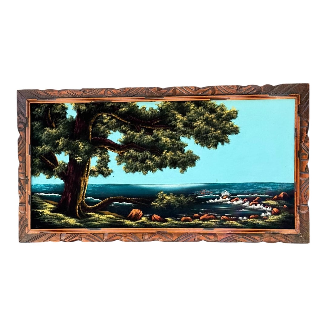 Vintage Mexican Velvet Painting: Blue Ocean Lake Scene, Wood Frame