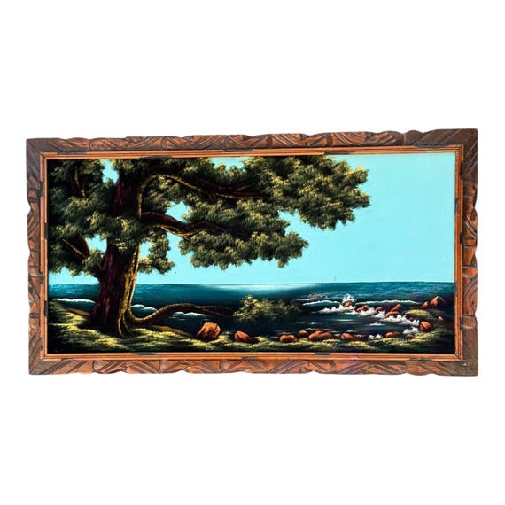 Vintage Mexican Velvet Painting: Blue Ocean Lake Scene, Wood Frame