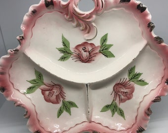 Ceramic Divided 3 Section Relish Candy Condiment Dish Japan Pink Floral Vintage