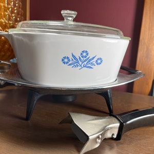 Corning Ware 1960 Casserole Dish with Chrome Stand Warmer Cornflower Blue Onion Vintage Bakeware Handle Holder