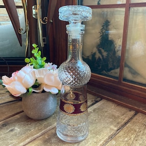 Decanter Carafe l Vintage MCM Mid Century Art Deco Luminarc France Sherry Barware Cranberry Gold Flowers