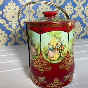 Vintage Floral Tea Tin: Red & Gold Toffee Container, England