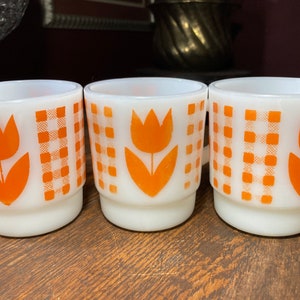 3, Mugs, Milk Glass, Termocrisa, stackable mugs, Coffee mugs, Tea Cups, Mexico, 1960s, C handle, orange, tulip, plaid pattern, vintage, mug,