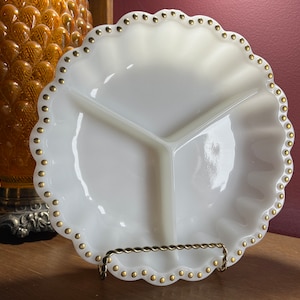 Dish Anchor Hocking 3 part relish dish, Gold Hobnail Dots  Milk Glass, Divided Tray/Platter, Gold Trim Vintage Serving Tray Platter