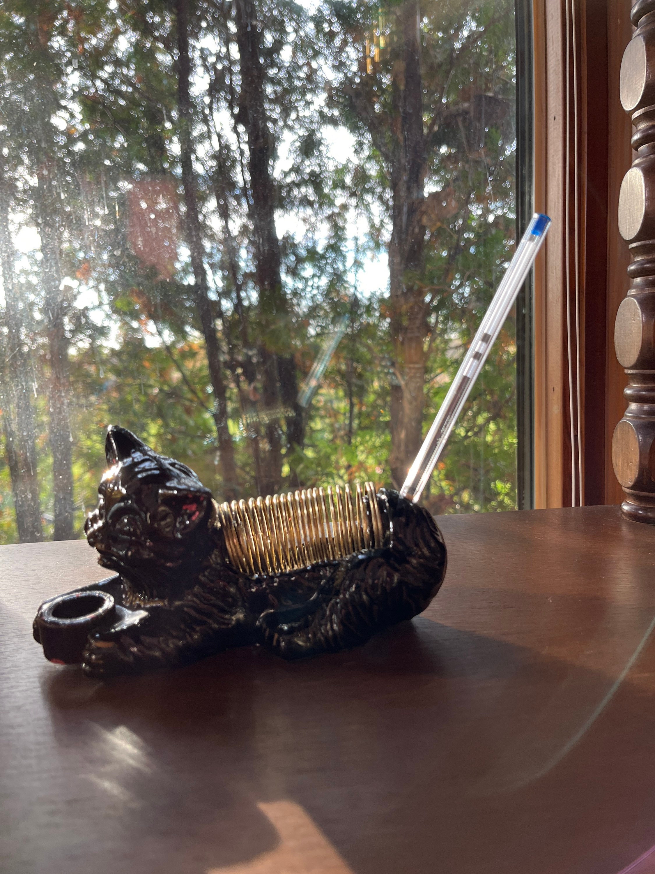 Vintage Redware Black Cat Desk Organizer: Handpainted Ceramic Pen
