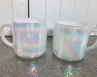 2, Federal Glass, Coffee Mugs, Aurora Borealis, D Handle, Iridescent White Milk Glass, Pearl Lustre, Opal, Collectible, Vintage, Moonglow