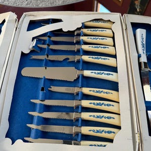 19 pc Golden Prestige Cutlery set Knife set Sheffield English Blades Vintage Box Set White with blue