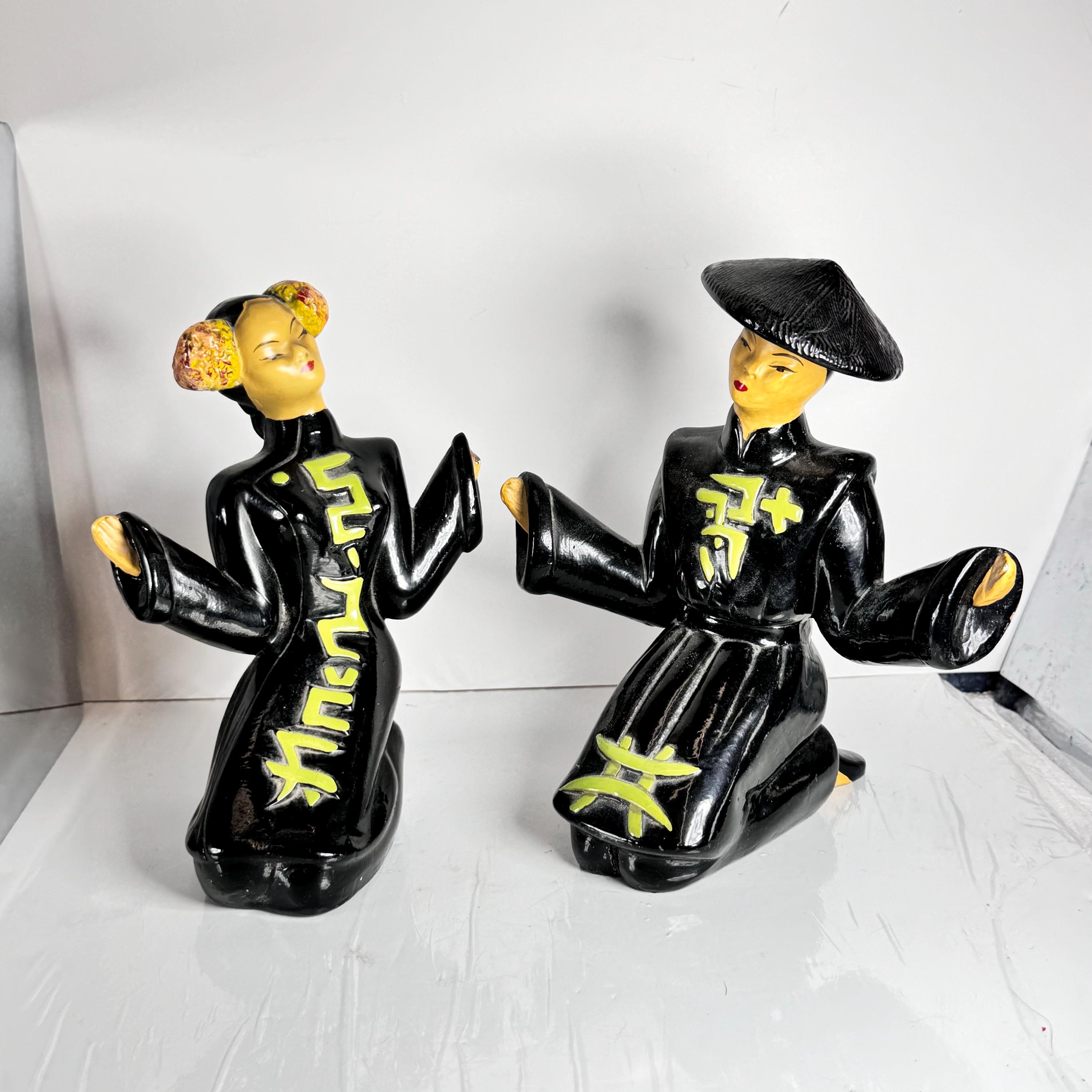 かっきー【Vintage Ceramic Figurine】 Vintage Chalkware Asian Couple Figurines - Devon Ware Canada MCM