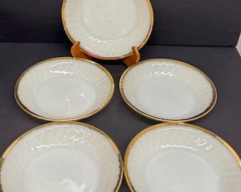 Zestaw 5 misek szklanych Fire King Fireking Anchor Hocking Swirl Milk ze złotym rantem