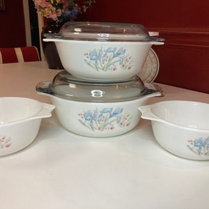 Vintage Pyrex Blue Iris Casserole Set: 6-Piece England Kitchenware