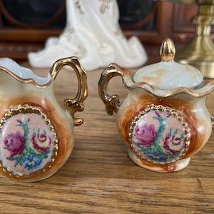 SUGAR  and Creamer Set Enesco Fine Bone China vintage Japan Milk Jug Sugar Bowl  Flower Floral Gold Accent Hand Painted
