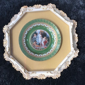 German Porcelain Royal Schwarzburg Plate W/ Roman Goddess Framed Antique Wood Gesso Glass Art Wall Hanging Nymphs Ornate