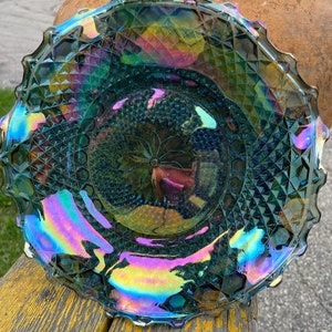 Blue Purple Iridescent Diamond Ruffled Dish/Bowl by Indiana Glass Vintage Retro Bohemian Art Deco Coffee Table Catch All Art Glass