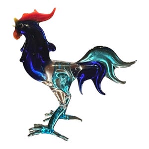 Vintage Murano Style Glass Rooster: Turquoise Mini Sculpture