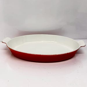 Belgium Descoware 14 H, Gratin dish with scalloped handles oval, Cast Iron, Flame or Burnt Orange, Casserole Baking Vintage