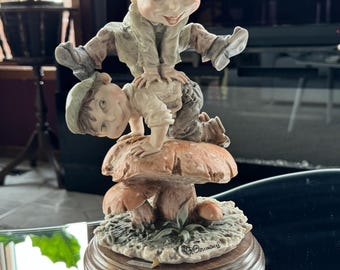 Giuseppe Armani Sculpture: Boys Leapfrog on Mushroom, Vintage