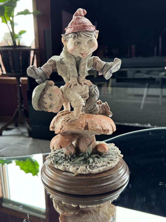 Giuseppe Armani Sculpture: Boys Leapfrog on Mushroom, Vintage