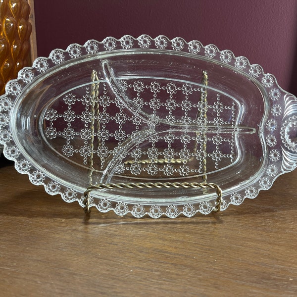 Oval Divided Relish Tray, Hazel Atlas, Three Section, Jewel Pattern, Dot and Grid, Pressed Glass Make up Ring Tray Vanity