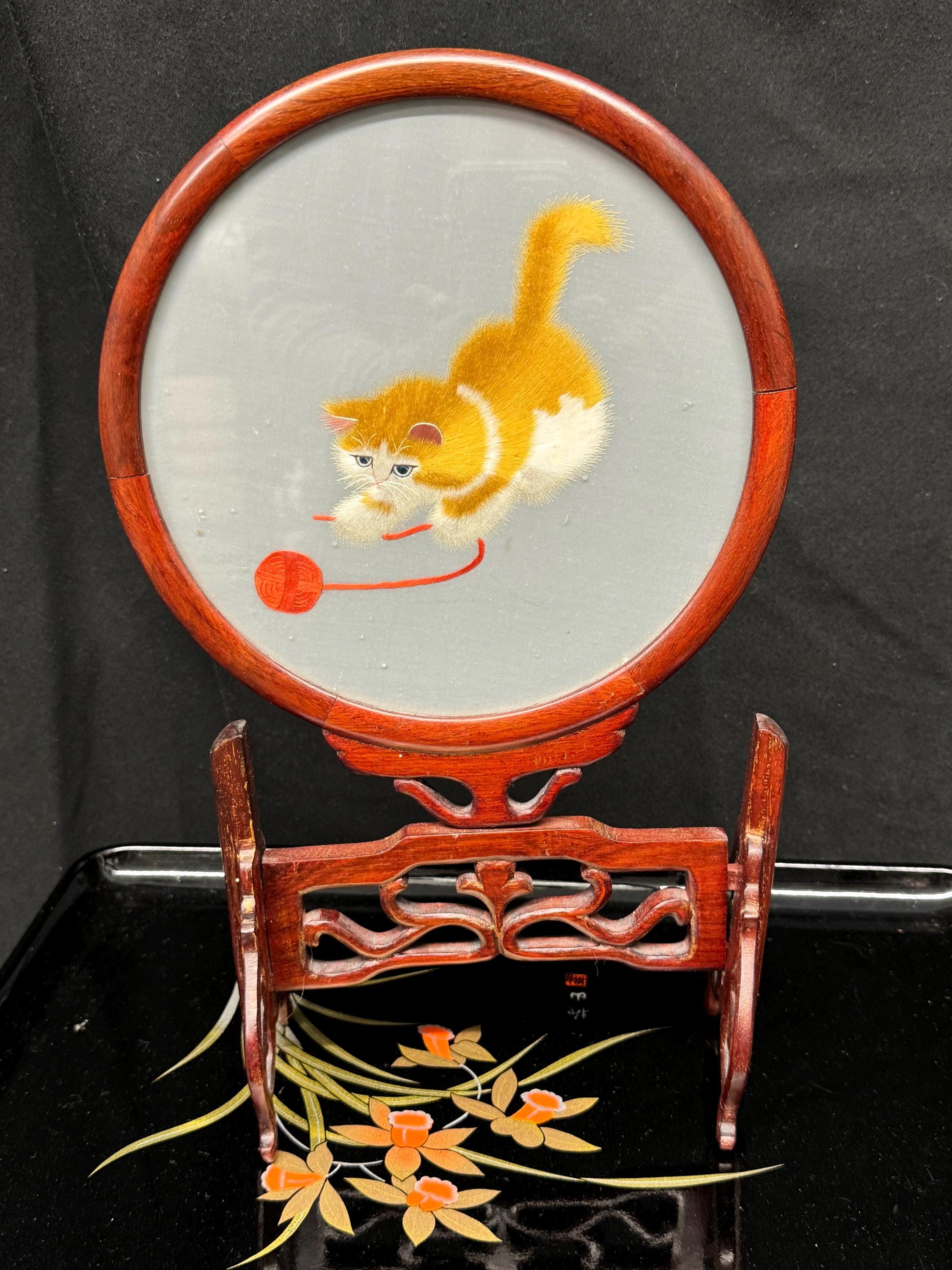 アンティーク中国美術 工芸品 中国蘇州 刺繍 猫ねこ 両面刺繍
