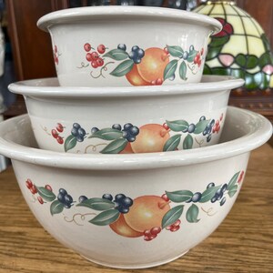 Può includere: Un set di tre ciotole per mescolare in ceramica bianca con un design di frutta e bacche. Le ciotole sono annidate l'una dentro l'altra.
