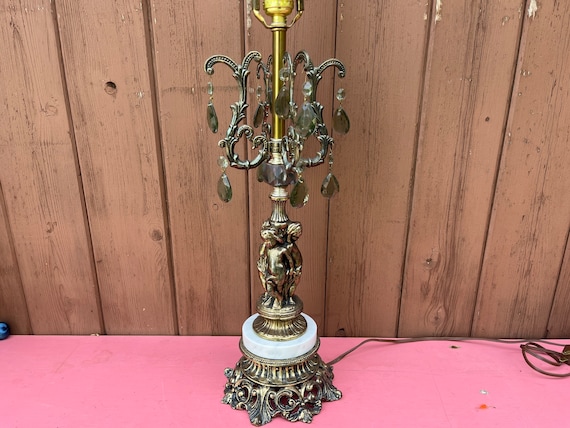 Lamp, Putti, Cherub, Hollywood Regency, Brass, Crystal, Table Lamp,  Vintage, , MCM, Black Crystal Teardrops, Vintage, Marble -  Canada