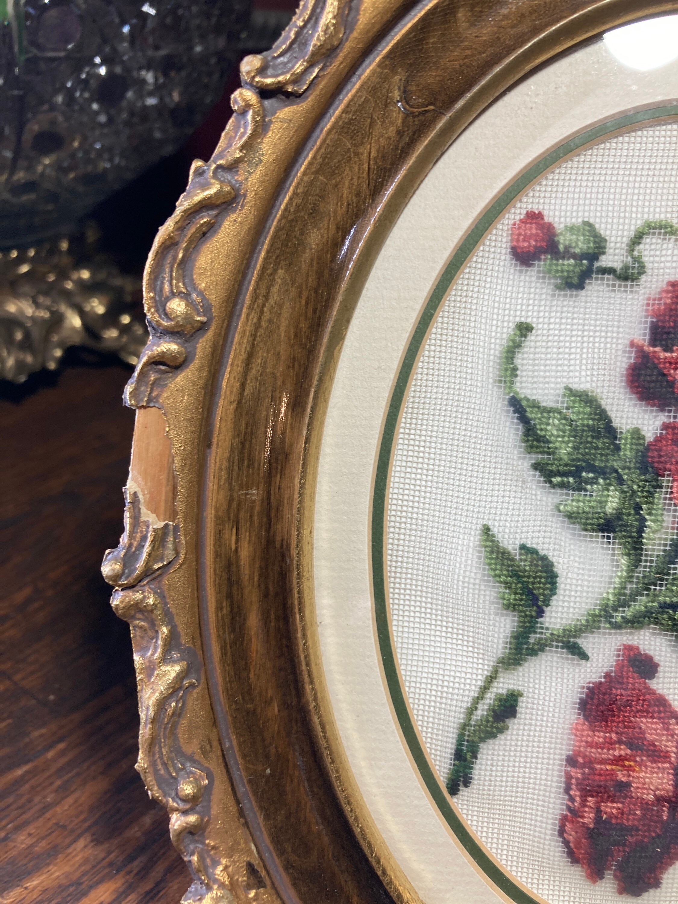 Needlework Vintage Framed Oval Floral Flower Wood Frame Etsy