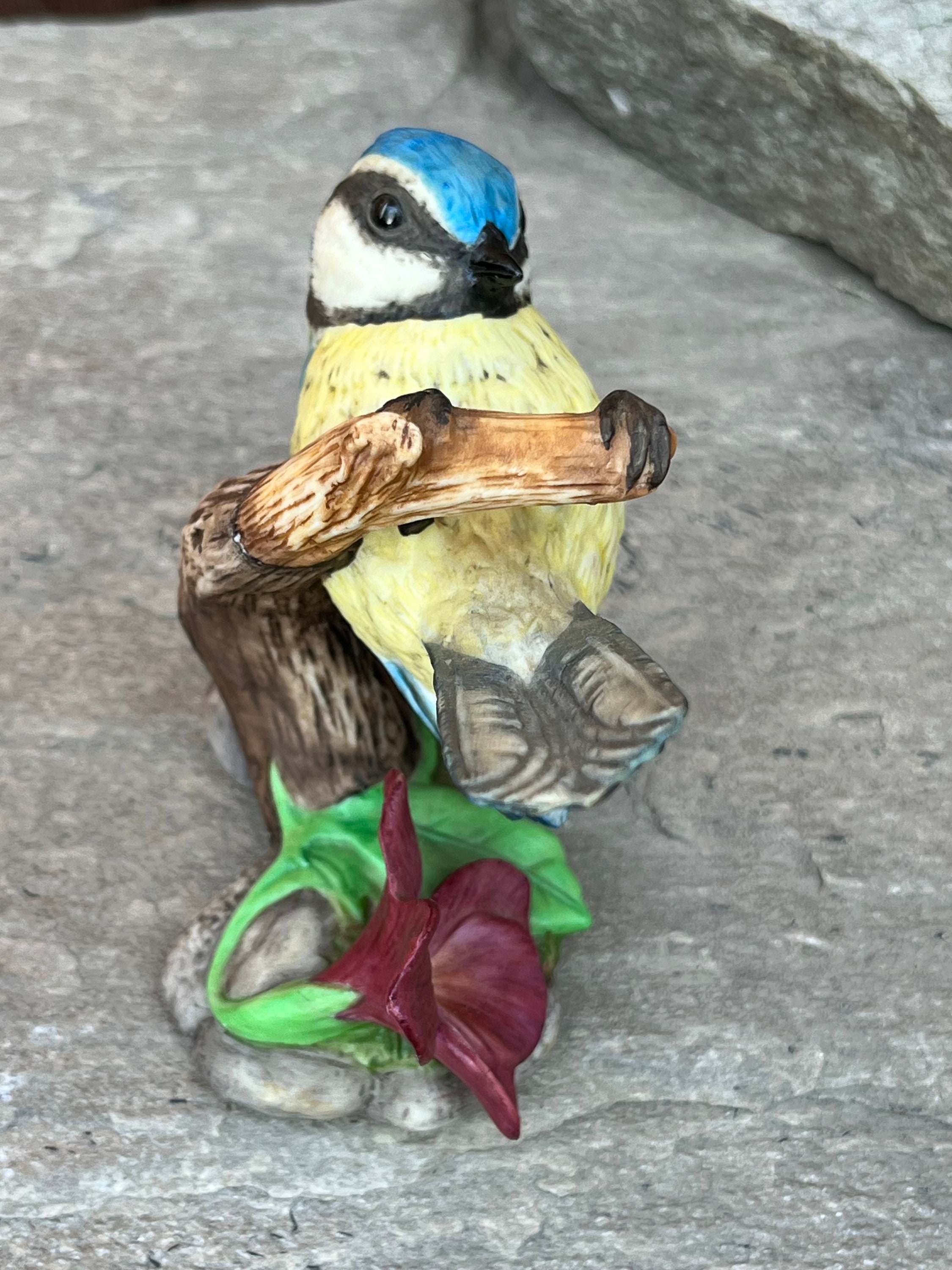 Vintage Franklin Mint Blue Tit Porcelain Figurine: Birds & Blossom