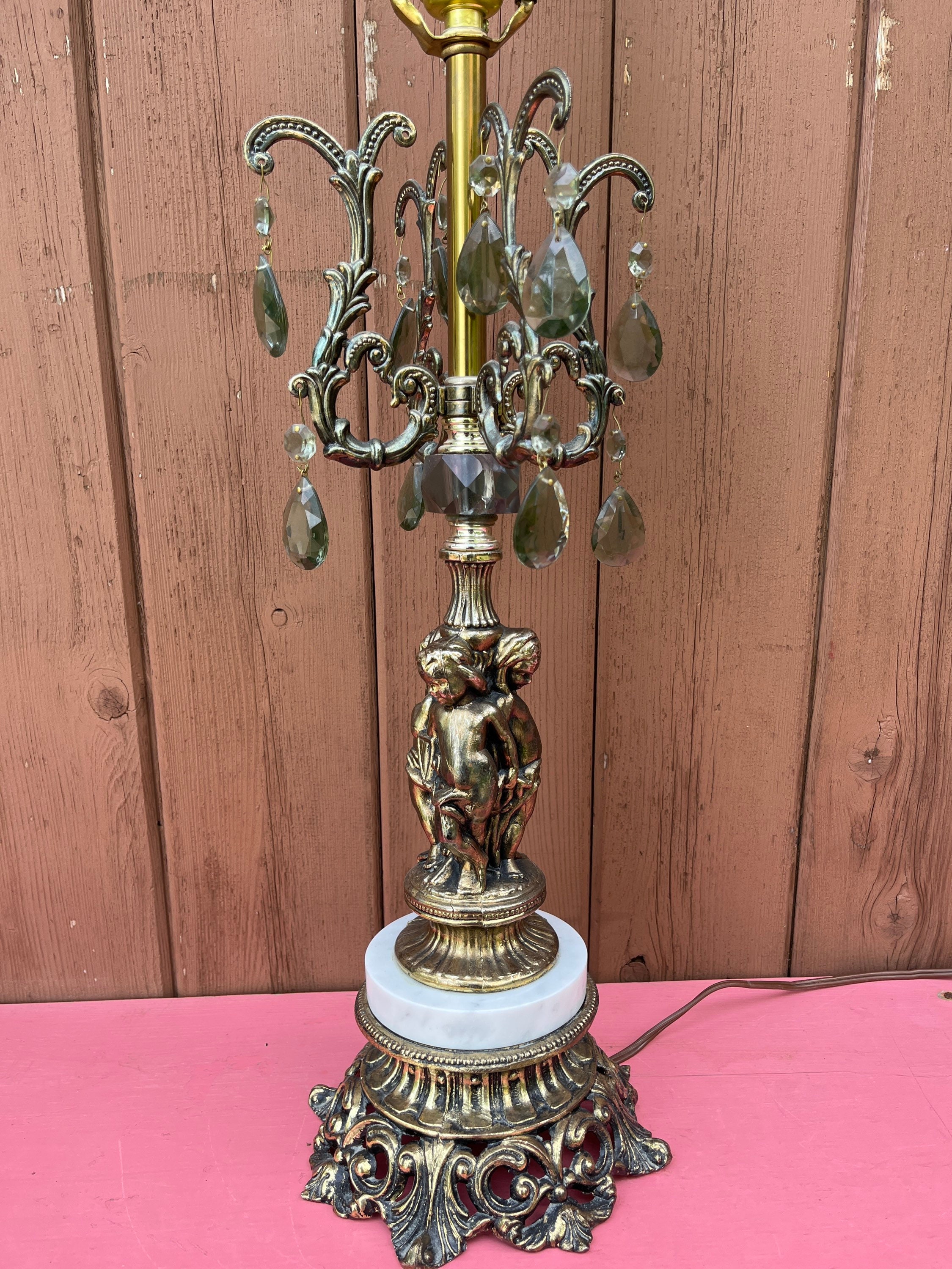 Antique Brass and crystal table lamp on Marble Base made in Spain