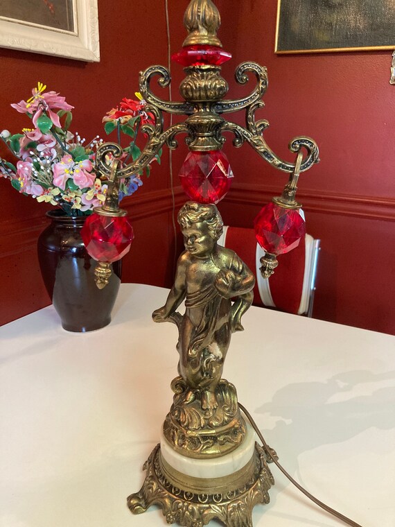 Lamp, Cherub, Hollywood Regency, Brass, Crystal, Table Lamp