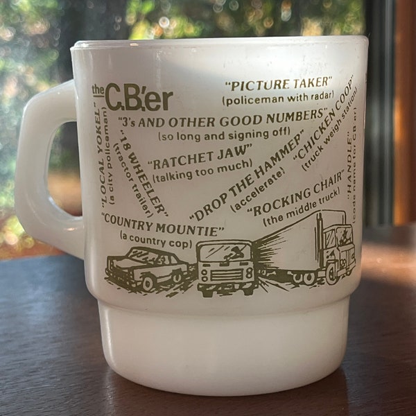 Mug, Coffee, Trucker, CB’er, Milk Glass, Fire King, Retro, Vintage, Coffee, Mug, Collectible, Transport, Semi Truck